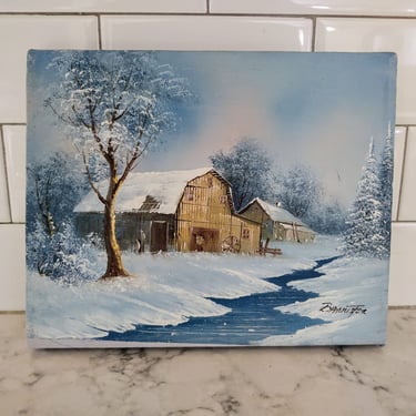 Vintage Oil Painting Winter Barn River Trees Farm Scene Artist Signed 