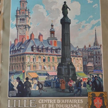 Colorful Vintage Art Deco French Travel Poster Original Lithograph - Historic Lille by Chemins de Fer du Nord Tourism 