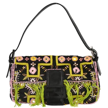Fendi Black Beaded Embroidered Baguette Handbag