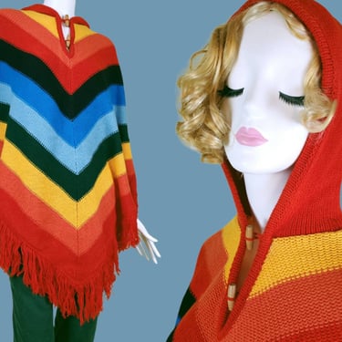 1970s DEADSTOCK rainbow poncho. Vintage hooded knit with curly fringe tassel V-neck wooden toggle buttons chevron. One size fits all. 