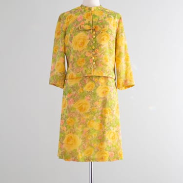 Delightful 1960's Spring Floral Print Chiffon Dress &amp; Jacket / ML