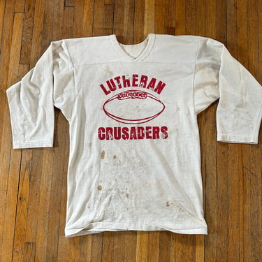 M 70s Lutheran Crusaders St Croix Lutheran  3/4 Sleeve Jersey Shirt Football Tshirt Thrashed Distressed Paint Splattered 