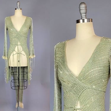 Hand Knit Wrap / Katherine Maxwell Mermaid Sweater Wrap / NWT / Deadstock Vintage / Metallic Green Fringe Jacket / Size Small Size Medium 