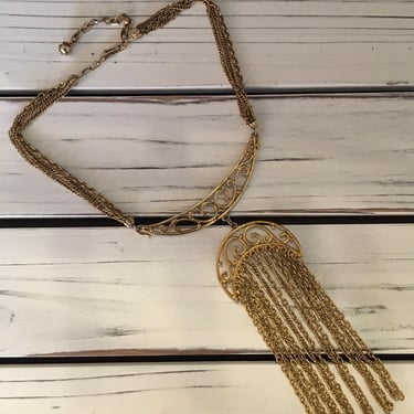 Vintage 1970s Gold Tassel Pendant Necklace 70s Huge Runway Muliti Strand 