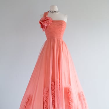Stunning 1950's Ceil Chapman Coral Splendor Evening Gown / Small