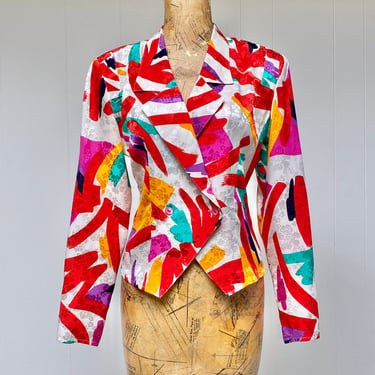 Vintage 1980s Silk Jacquard Blouse, 80s New Wave Multi-colored Abstract Brushstroke Print Top, 38