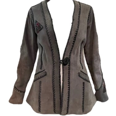70s Grey Suede Whip Stitch Jacket with Rose Medallion