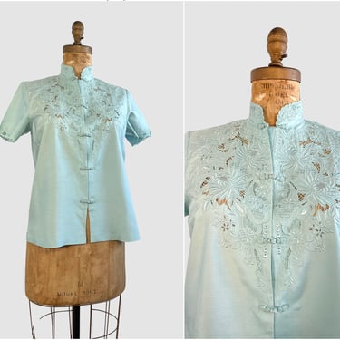 SILK ROAD Vintage 70s Chinese Embroidered Blue Blouse | 1970s 80s  Dead Stock Asian Top with Floral Open Embroidery Work | Size Medium Large 