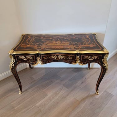French Louis XV Style Gilt Bronze Mounted Marquetry Inlaid Bureau Plat Writing Desk In The Manner Of Jacques Dubois 
