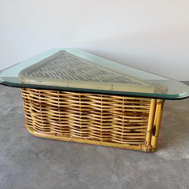 Vintage Coastal Rattan Triangular Coffee Table with Glass Top 