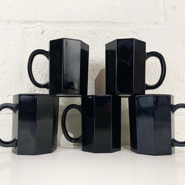 Vintage Onyx Glass Mugs Set of 5 Mug Coffee Milk Ebony Gothic Black Octagon Goth Minimal Minimalist French Design France Arcoroc Prop 
