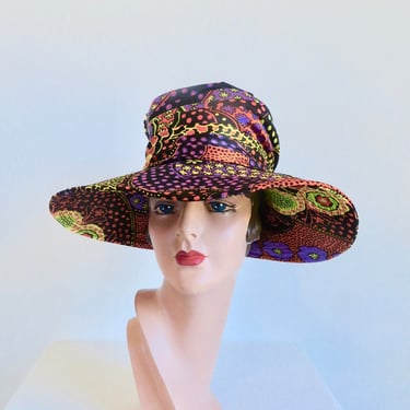 Vintage 1960's Paisley and Polkadots Psychedelic Print High Crown Wide Brim Hat Mod Style Hippie Boho Spring Summer 60's Millinery Charo 