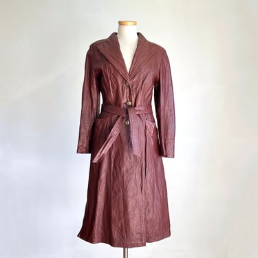 Vintage 70’s Opera Leather Fit and Flare Cognac Brown Long Trench Coat 