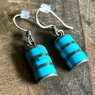 Sterling Silver Turquoise Earrings Inlaid Stones Vintage Jewelry 90s 1990s Handmade 