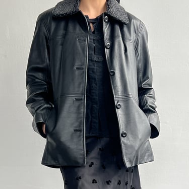 Teddy Collar Black Leather Coat (S)