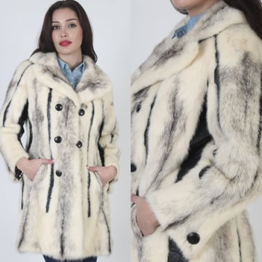 Womens 70s Cross Mink Trench Coat / Black Leather Spy Jacket / Platinum Blonde Real Fur Collar Overcoat 