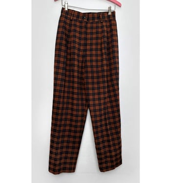 New OLD STOCK Brown Plaid Trousers I.B. Diffusion 1990's Womens Pants Vintage Rayon Linen, Size 8, 1980's Tags 