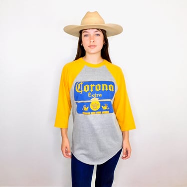 Corona Jersey Shirt // vintage 70s 80s cotton boho tee t-shirt t top blouse thin hippy beer tee yellow Mexico // O/S 