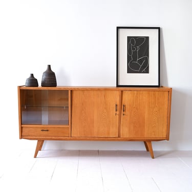 Vintage Oak Sideboard with Glass Display Cabinet – 1960s Scandinavian Mid-Century Buffet 