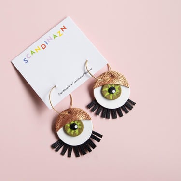 Flirty Eyeball Hoop Earrings - Reclaimed Leather Maximalist Earrings 