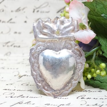 Antique Sterling Silver Ex Voto, Sacred Heart of Jesus, Vintage Religious Milagro 