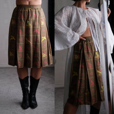 Vintage 70s GUCCI Olive Green Silk Pleated Skirt w/ Double G Logo Bird and French Horn Print | Made in Italy | 100% Silk | 1970s GUCCI Skirt 