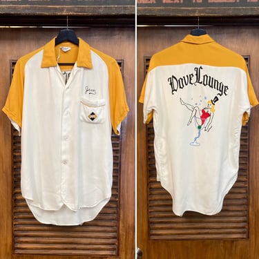 Vintage 1950’s “Dove Lounge” Burlesque Pin Up Rayon Rockabilly Bowling Shirt, Original Embroidery, 50’s Vintage Clothing 