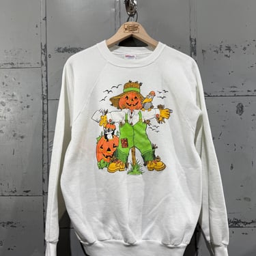 Vintage 90s Halloween Scarecrow Crewneck Fall Outdoors Autumn Cute black cat pumpkins XL 