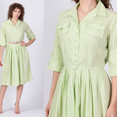 60s Green Gingham Midi Shirt Dress - Medium | Retro Fit & Flare Collared 3/4 Sleeve House Dress 