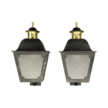 Pair of Traditional Pebbled Glass Black Steel Wall Lantern Exterior Sconces