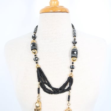 Black & Gold Beaded Necklace with Charms, Costume Jewelry 
