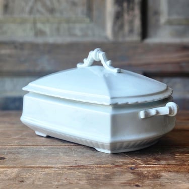 Antique ironstone covered tureen serving dish two pieces Burgess England dishware 
