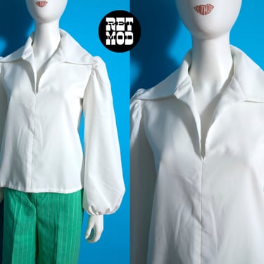 Iconic Vintage 60s 70s White Collared Billowy Hippie Blouse 