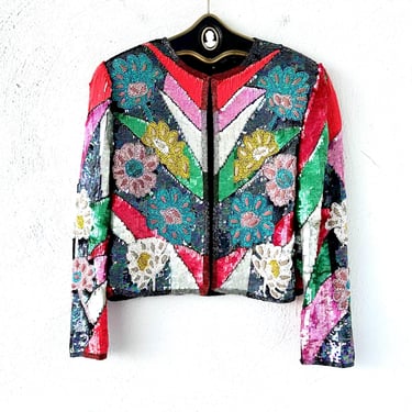 Vintage 80s 90s Sequin Beaded Bold Bright Silk Jacket 1980s Rainbow Bright Glam Cardigan 