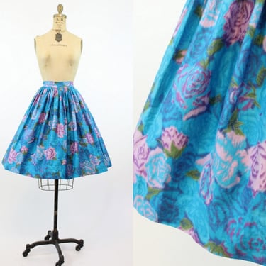 1950s rose print skirt xs | vintage full skirt cotton chintz 