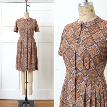 vintage early 1960s floral dress • nylon jersey short sleeve mocha brown & orange dress 