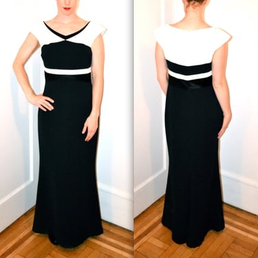 Vintage Black and White Evening Gown Dress by Badgley Mischka Size Medium Large// Black and White Color Block Evening Gown 