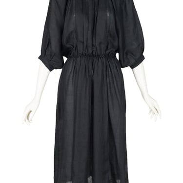 Sportmax 1980s Vintage Black Linen Pleated Blouson Dress 