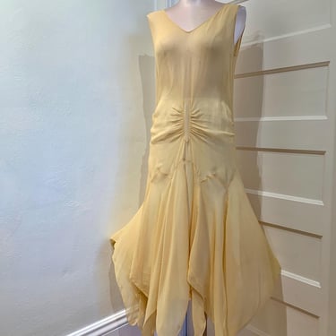 1920's Sheer Bias Cut Dress - Soft Yellow Georgette Silk - Gatsby Garden Dress - Flouncy Tulip Shaped Handkerchief Skirt - Small to Medium 