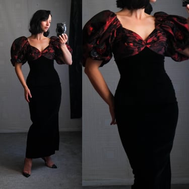 Vintage 80s LILLIE RUBIN Deep Red Metallic Jacquard & Black Velvet Poof Shoulder Maxi Gown | Made in USA | 1980s Designer Formal Party Dress 