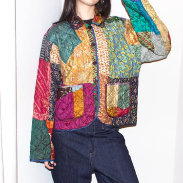 vintage 90s colorful silk quilted patchwork boho button cropped jacket by sacred threads 