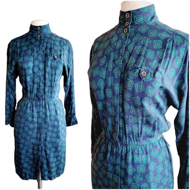 Vintage 80s Liz Claiborne Button Down Dress Green Blue Print 