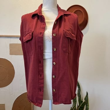 Vintage 90s Red Cotton Cargo Button Front Layering Vest Collared Top 