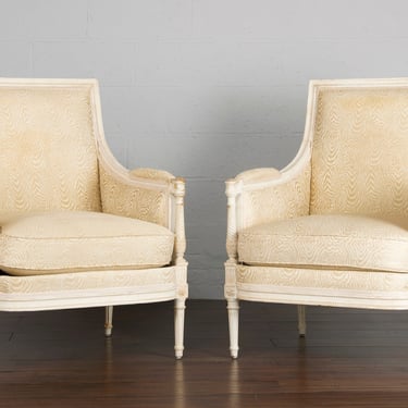 19th Century French Louis XVI Style Provincial Painted Marquise White Armchairs - A Pair 