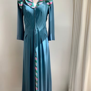 1940'S Rayon Gown - Colorful Striped Taffeta Details - Bold Front Zipper - Strong Shoulder Pads - Womens Size Medium 