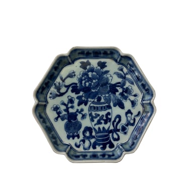 Chinese Blue White Flower Vase Porcelain Hexagonal Small Plate ws3187E 