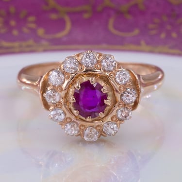 Burma Ruby and Diamond Halo Ring