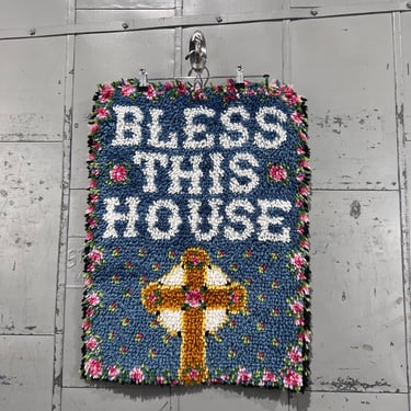 70's “bless this house” cross latch Hook Rug 