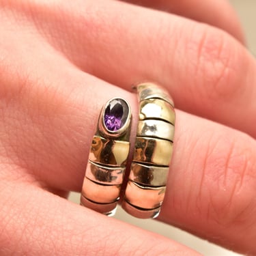Modernist Sterling Silver Amethyst Coil Ring With 18K Yellow Gold Accents, Abstract Snake Ring, Adjustable, 9 US 