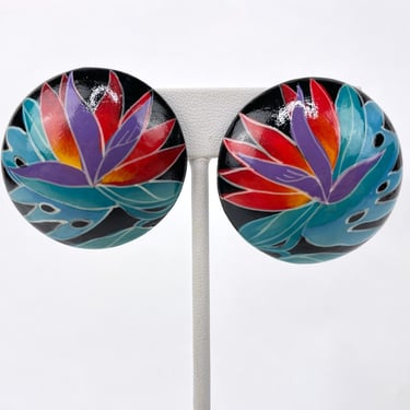 Vtg 1980s Large Round Earrings w Hand Painted Birds of Paradise 1.5" Diameter in Black, Turquoise, Red, Purple / Summer, Resort, Tropical 